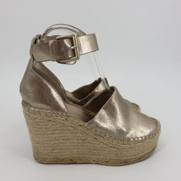 Marc Fisher ADALYN Women 7 M Metallic Gold Leather Espadrille Wedge Sandals - Picture 9 of 16